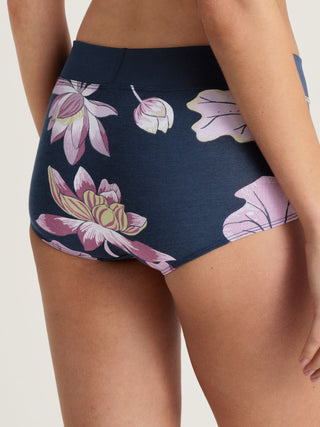 Elastic hipster-housu puuvillaa, dark blue flower print